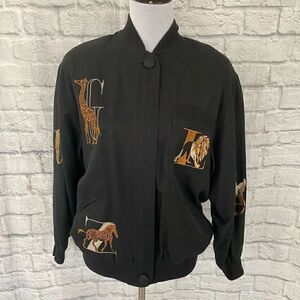 The Icing women S silk/cotton blend embroidered animal print zip jacket black